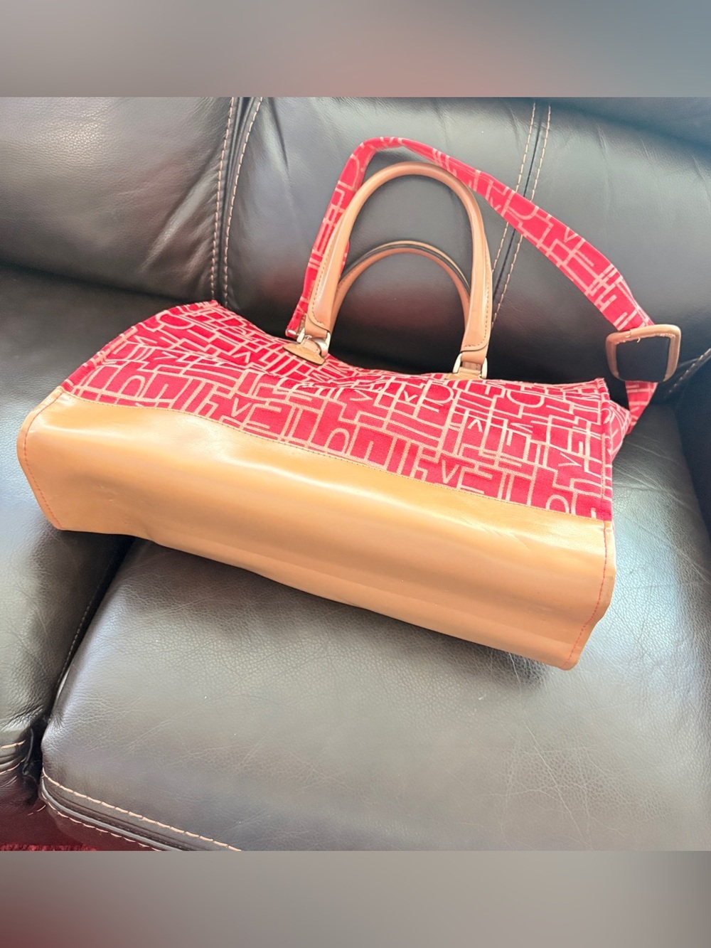 Diane Von Furstenberg Tote Bag Large Red Monogram Weekend Travel Canvas Leather - Picture 8 of 10